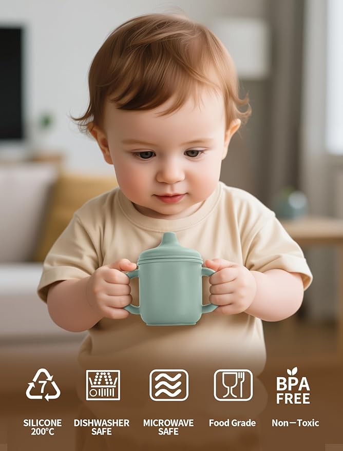 Silicone Toddler Cups Set, 2 Straw Cups and 2 Sippy Cups for 6+ Months Baby, Leakproof Spillproof Training Cups with Handles, Easy Clean (Blue+Beige)