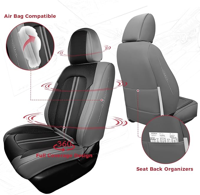 FREESOO Front Seats 2PCS Leather Car Seat Covers, Ultra Breathable Waterproof Seat Covers for Cars Trucks SUV, Carseat Protector Car Seat Cover Fit for Most Vehicles, Black Gray