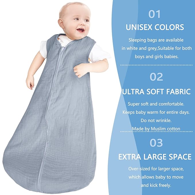 2 Pack Baby Sleep Sack 12-18 Months 100% Organic Cotton Muslin Baby Sleeping Bag 2-Way Zipper Toddler Wearable Blankets Comfy Stretchy Thin Sleep Sacks