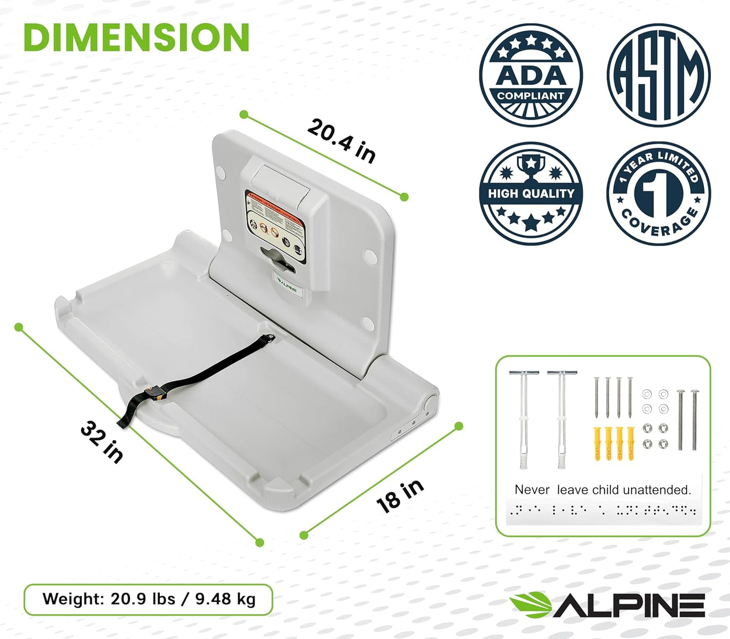 Alpine Wall Mounted Baby Changing Station - Horizontal Baby Changing Table Foldable Diaper Tables with Safety Strap for Commercial Bathroom, ADA Complaint (Hardware Included) White Gray