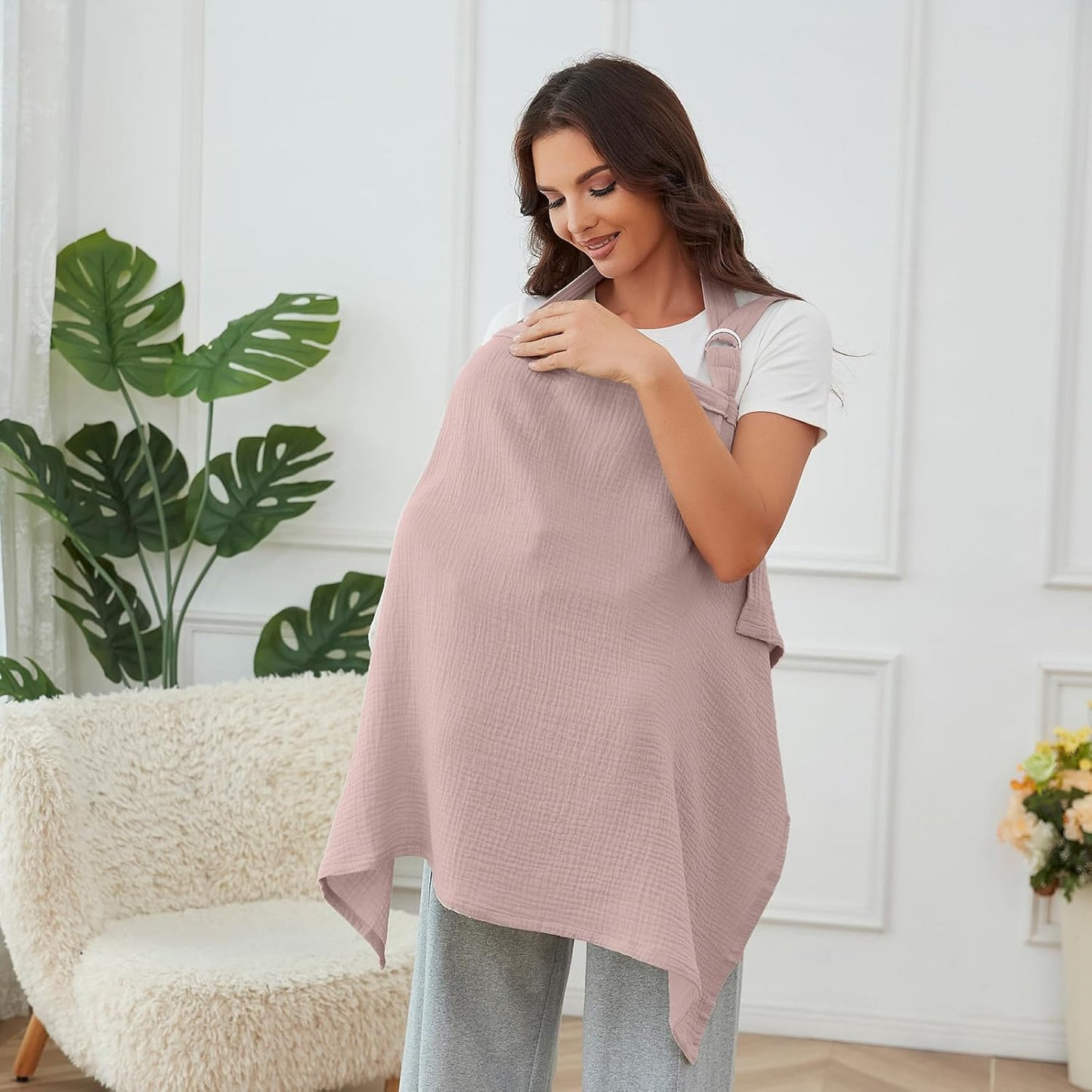 Muslin Nursing Cover for Baby Breastfeeding, Breathable 100% Cotton Breastfeeding Cover with Rigid Hoop for Mother Nursing Apron (Light Pink)
