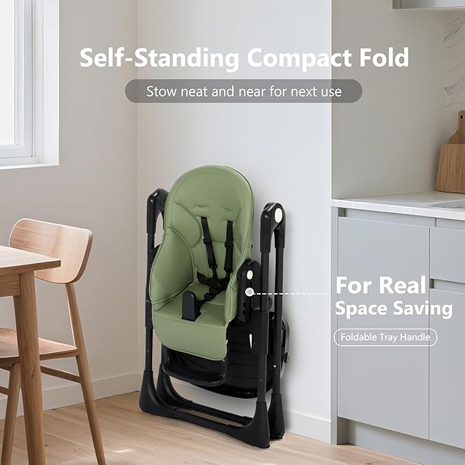 Kinder King Convertible High Chair for Babies & Toddlers, Adjustable Baby Feeding High Chair with Removable Double Tray, Simple Compact Fold for Space-Saving, 2 Built-in Wheels, Easy to Clean, Green