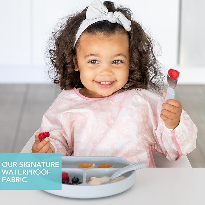 Bumkins Sleeved Bib for Girl or Boy, Baby and Toddler for 6-24 Mos, Essential Must Have for Eating, Feeding, Baby Led Weaning Supplies, Long Sleeve Mess Saving Food Catcher, Soft Fabric, Lace Pink