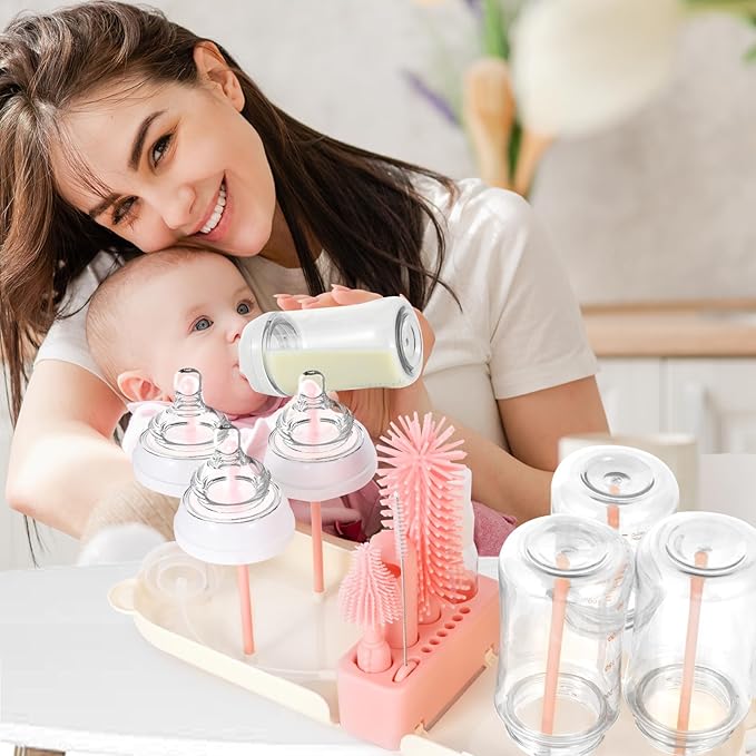 Portable Baby Bottle Brush Set, 7-in-1 Travel Baby Bottle Cleaning Kit, Portable Bottle Washing Kit with Silicone Bottle Brush, Nipple Brush, Straw Brush, Drying Rack for Home and Travel (Pink)