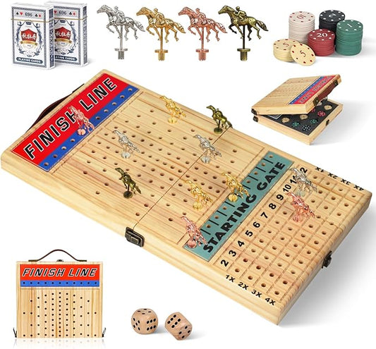 21 Inches Horse Racing Game, Horse Race Board Games with 11 Luxury Metal Horses,Thickened Wood Chessboard,Chips,Cards and Dice,Classic Wooden Table Top Board Games for Adults and Family