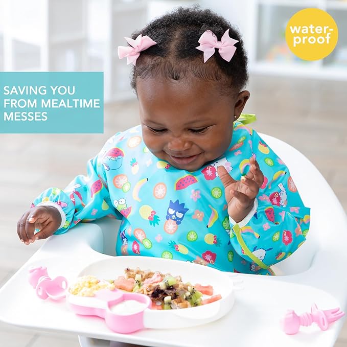 Bumkins Sleeved Bib for Girl or Boy, Baby and Toddler for 6-24 Mos, Essential Must Have for Eating, Feeding, Baby Led Weaning Supplies, Long Sleeve Mess Saving Food Catcher, Hello Kitty and Friends