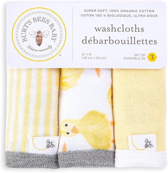 Burt's Bees Baby Infant Washcloths, 100% Organic Cotton, Soft and Super Absorbent Knit Terry Wash Cloth - 3 Pack Set
