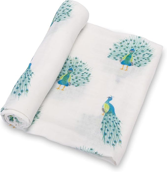 LollyBanks Baby Muslin Swaddle Blanket, Soft Baby Girl 47 x 47 Inches, Newborn Blanket for Girls, Registry (Peacock Print, Animal)