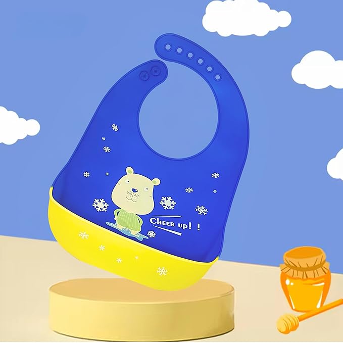 Silicone Baby Bibs Unisex, Self-Feeding, Catch-all Large Pocket, 6-48 months, BPA-Phthalate Free, w/Travel Case