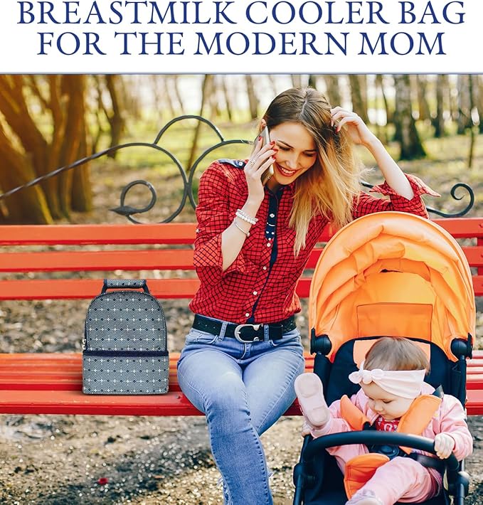 Insulated Breast Milk Cooler Bag – Fits 6 Bottles -Inclueds 2 Ice Packs – Dual Zipper Compartments - Detachable Strap - 9.4"x6.7"x10.6" – Blue Geometric Design - Portable & Durable