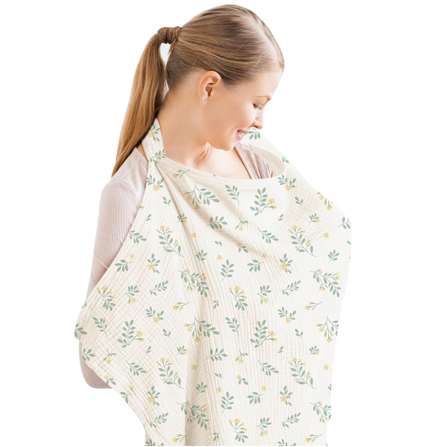 Konssy Muslin Nursing Cover for Baby Breastfeeding, Breathable 100% Cotton Breastfeeding Cover with Rigid Hoop for Mother Nursing Apron, Multi-use Carseat Canopy (Leafy)