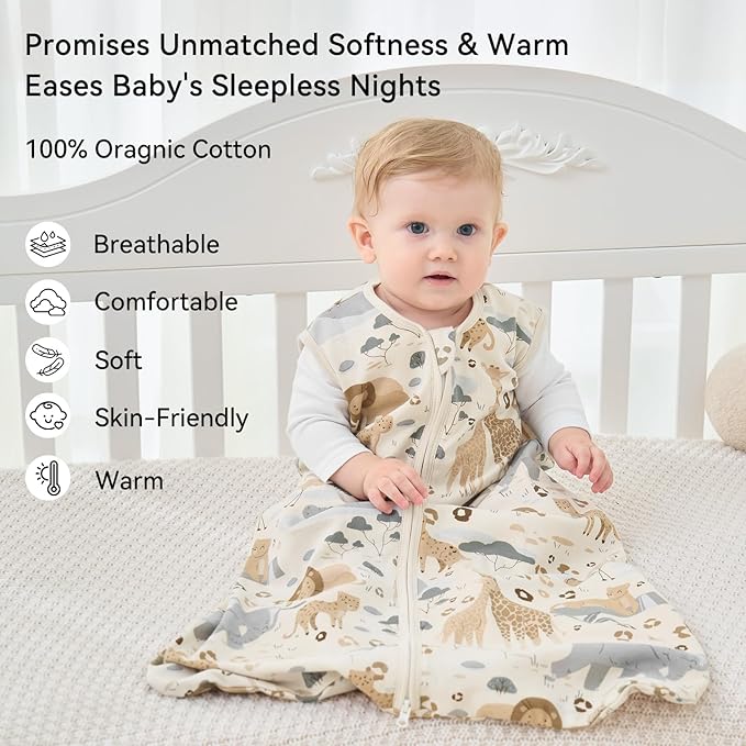 Baby Sleep Sack 12-18 Months 1.0 Tog Baby Wearable Blanket 100% Cotton Sleeping Sack with 2-Way Zipper for Toddler Infant Apricot & Gray Elephant