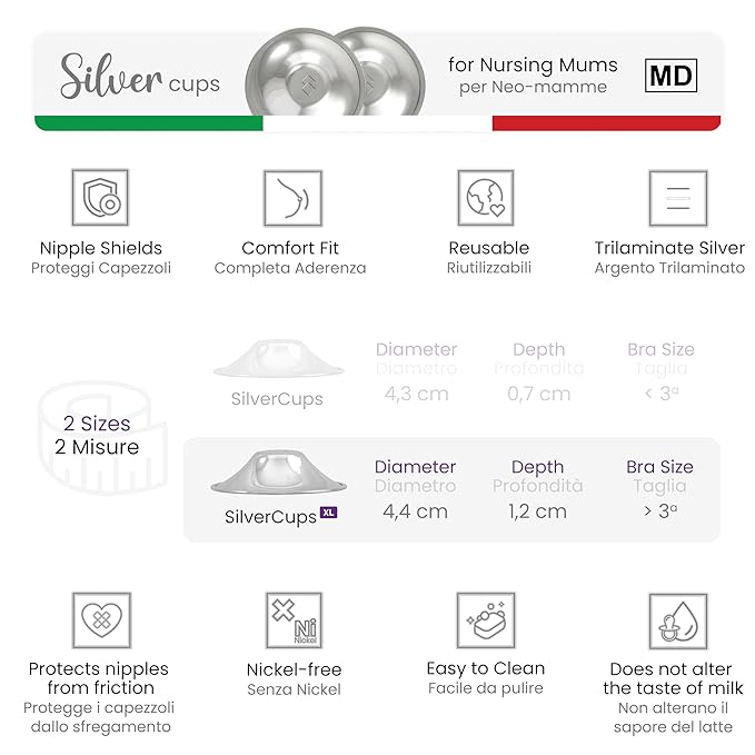Original Italian Silver Nursing Cups - Nipple Shields for Breastfeeding - Helps Soothe and Protect Sore Nipples - Dermatologically Tested - Medical Device FDA-Registered (XL)