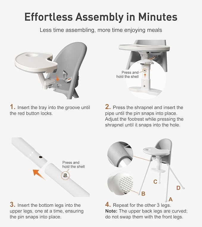 Funny Supply 3-in-1 Cute Folding High Chair, High Chairs for Babies and Toddlers, Modern Space Saving Highchair with Removable Double Tray, Easy to Clean, Light Weight Baby Feeding Chair, Gray