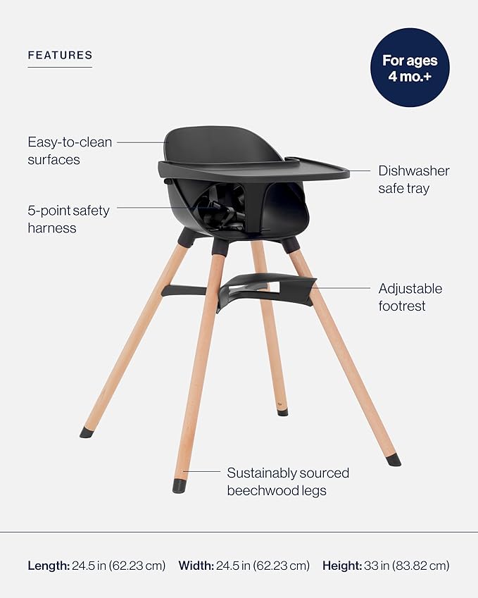 Lalo The High Chair Infant Kit - Convertible Wooden High Chair for Babies & Toddlers with Infant Support & Cushion, Grows with Your Child, Dishwasher Safe Tray, Adjustable Footrest Licorice