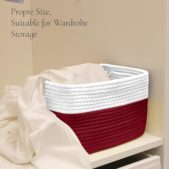 Hopegiver 3 Pack Storage Baskets for Organizing with Handle, Woven Baskets for Shelves - Durable Gift Basket for Cloth Toys Books Baby, Cotton Rope Basket for Dog Cat, 11x8x7 Inch(White&Red)