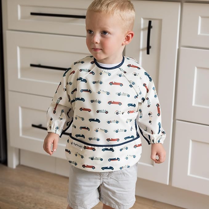 Tiny Twinkle Long Sleeve Bib for Babies & Toddlers – 2 Pack Waterproof Smock Bibs for Eating – Machine Washable & Mess-Proof, Baby Feeding Essential & Shower Must-Have (Cars,Flags,6-24M)