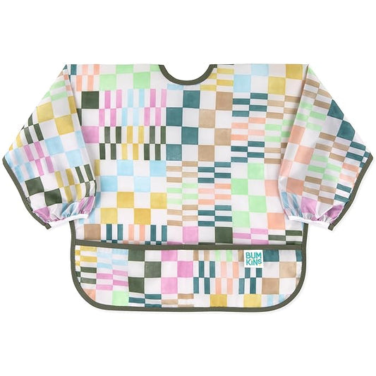 Bumkins Sleeved Bib for Girl or Boy, Baby and Toddler for 6-24 Mos, Essential Must Have for Eating, Feeding, Baby Led Weaning Supplies, Long Sleeve Mess Saving Food Catcher, Soft Fabric, Multi Check