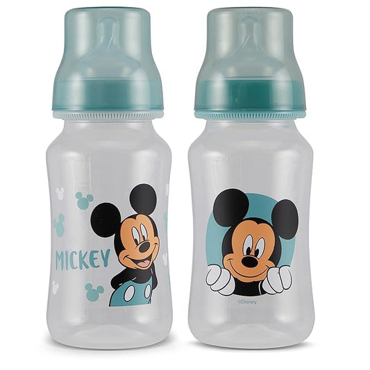 Disney Mickey Mouse Baby Bottles 11 oz for Boys or Girls | 2 Pack of Infant Hourglass Shaped Bottles with Cover for Newborns and All Babies | BPA-Free Plastic Baby Bottle for Baby Shower