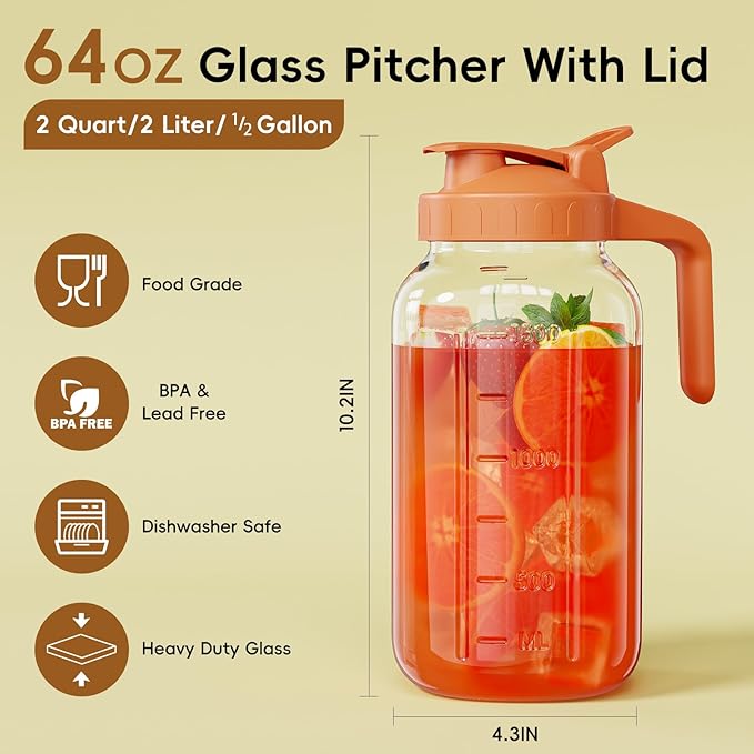 Glass Mason Jar Pitcher, 64 oz Wide Mouth Jug with Pour Spout Handle Lid for Cold Brew Coffee, Ice Beverage, Iced Juice, Lemonade, Sun Tea, Fruit Drinks Container（Orange）