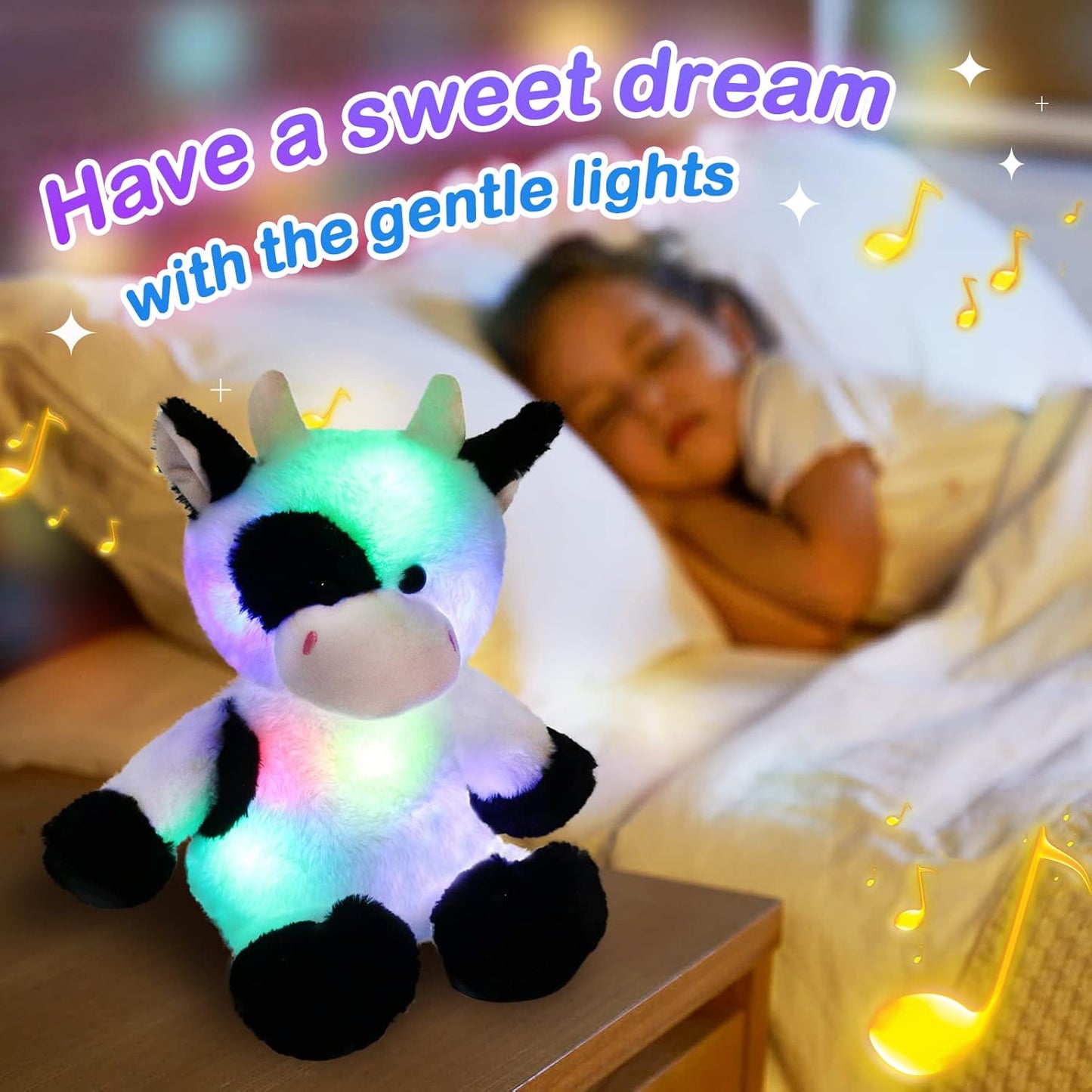 Glow Guards 15'' Light up Music Cow Stuffed Animals Glowing Singing Soft Plush Toy with Lullaby Songs LED Night Lights for Birthday Gifts Toddler Kids Nap Time Pal