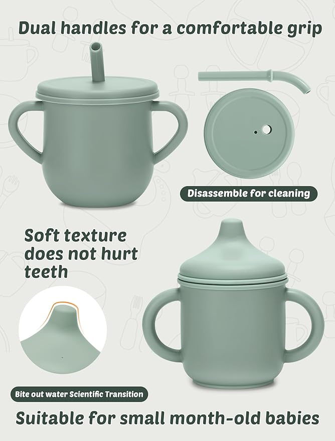 Silicone Toddler Cups Set, 2 Straw Cups and 2 Sippy Cups for 6+ Months Baby, Leakproof Spillproof Training Cups with Handles, Easy Clean (Green+Pink)