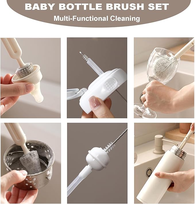Bottle Brush Set Baby Bottle Cleaner Kit wtih Silicone Brush Nipples Brush Straw Brush Water Bottle Cleaning Tools for Breast Pumps Sippy Cup Glassware