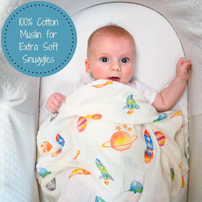 LollyBanks Swaddle Blanket, 100% Cotton Baby Blanket, Soft Muslin Swaddle Blanket 47 x 47 Inches, Neutral Baby Blanket for Boys and Girls, Baby Essentials, Registry (Space Print, Universe)