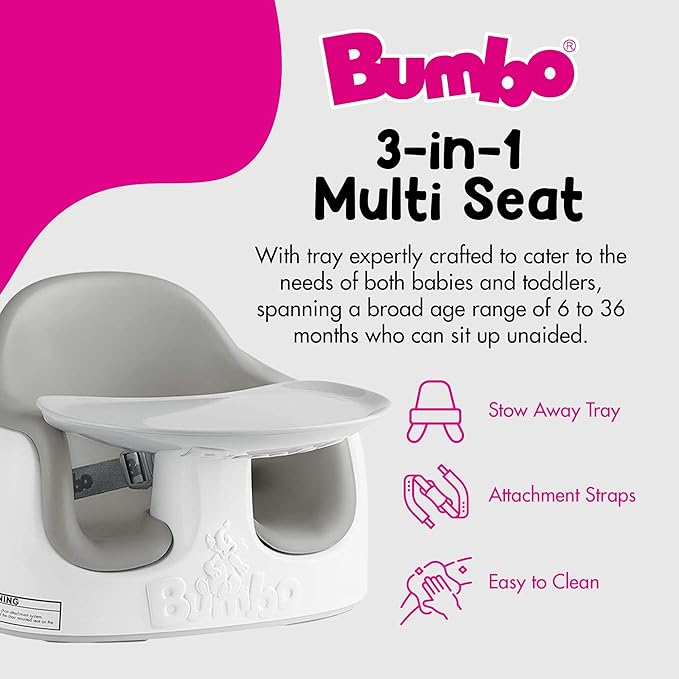 Bumbo 3-in-1 Multi-Seat for 6 to 36 Months, Travel Baby Feeding & Play Floor Seat, All-in-One Portable Booster with Tray & Toddler High Chair, Cool Grey