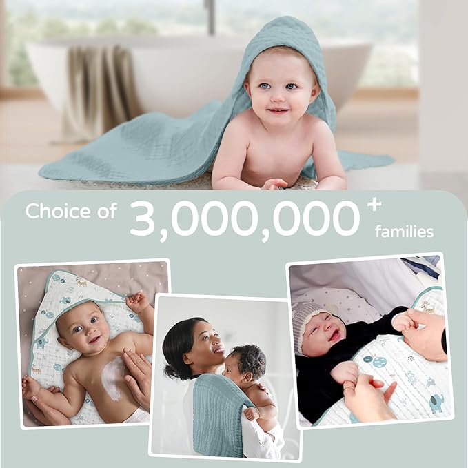 Yoofoss Hooded Baby Towels for Newborn 2 Pack 100% Muslin Organic Cotton Baby Bath Towel with Hood for Babies, Infant, Toddler and Kids, 32x32Inch, Soft and Absorbent Newborn Essential,Blue Elephant