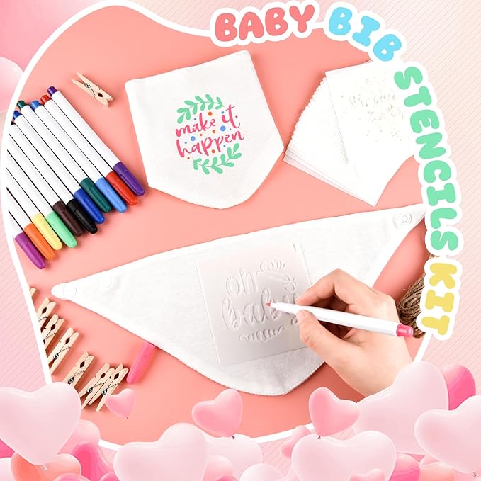 NACHLYNN 110 Pcs White Baby Bibs Baby Shower Games Set Including 24 Blank Baby Bibs 24 Stencils 49 Clothespins 12 Fabric Markers 1 Hemp Rope for Boys Girls Gender Reveal Party