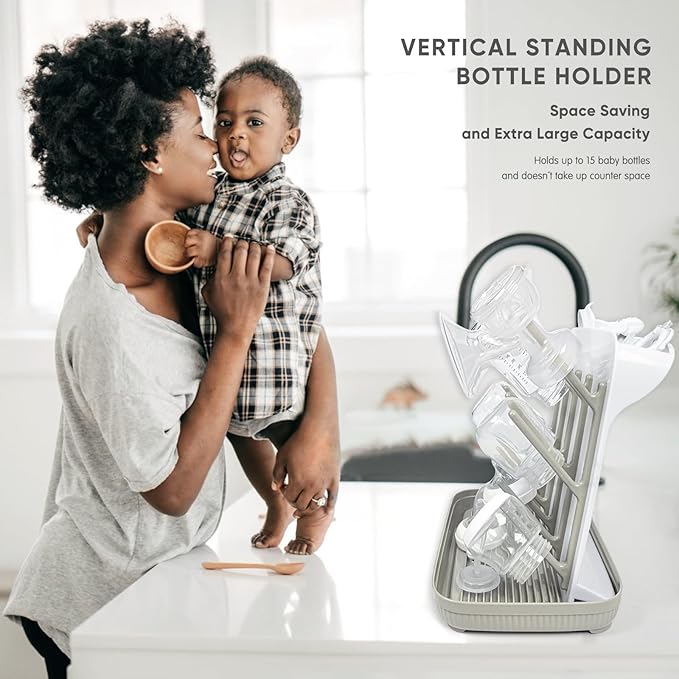 Termichy Baby Bottle Drying Rack: Large Vertical Bottle Dryer Rack Holder - Space Saving Standing Drying Rack for Baby Bottles and Pump Part Cleaning (Khaki)