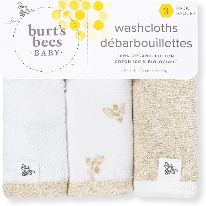 Burt's Bees Baby Infant Washcloths, 100% Organic Cotton, Soft and Super Absorbent Knit Terry & Woven Terry Wash Cloth