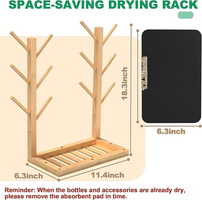 Baby Bottle Drying Rack, Vertical Bamboo Bottle Dryer Holder with Water Absorbent Pad, Space Saving Baby Bottle Organizer for Baby Bottles, Pump Part & Accessories(Natural, 12 Bottles)