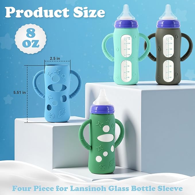 4-Pack Silicone Sleeves for Lansinoh Glass Bottles 8 oz- Starry Sky Design Baby Bottle Holder with Handles,Protectors for Lansinoh Natural Wave Glass Bottles, Anti-Scald Feeding Supplies