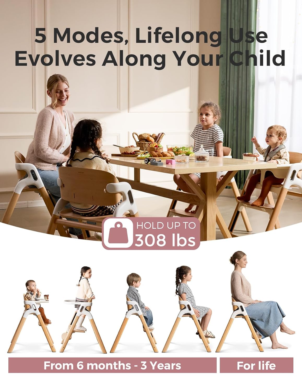 Momcozy DinerPal Wooden High Chair for Babies, Toddlers & Adults Up to 308 Lbs, Convertible Baby Highchair with Food-Grade Tray, Dishwasher-Safe, Adjustable & Ergonomic, Natural Wood