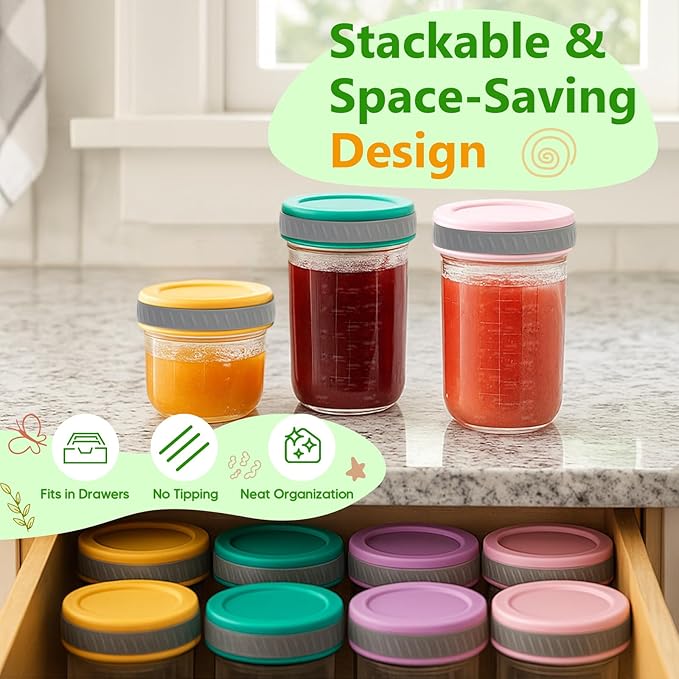 Glass Food Storage Jars with Lids (8 oz, 8-Pack) – Baby Food, Breast Milk, Puree, Reusable Containers for Snacks & Meal Prep, Portion Control & Spice Storage, Freezer, Microwave, Dishwasher Safe
