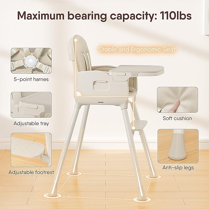 3-in-1 Portable Baby High Chair for Babies and Toddlers, Convertible Easy Clean Infant Foldable Highchair with Adjustable Legs & Dishwasher Safe Tray, Beige