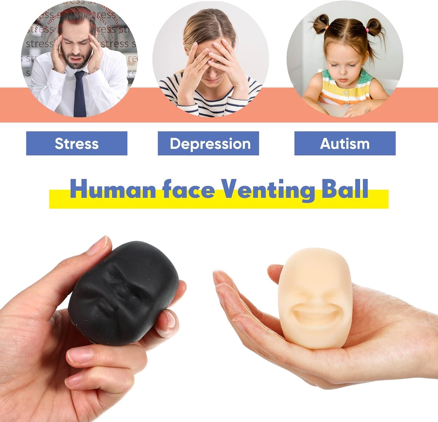 2 Pcs Funny Human Face Emotion Balls Fidget Sensory Toy Stress Relief Squeeze Ball Black Sulkiness and White Happy Decompression Anxiety Relief Toy for Adult Teen Christmas Stocking Filling Favor
