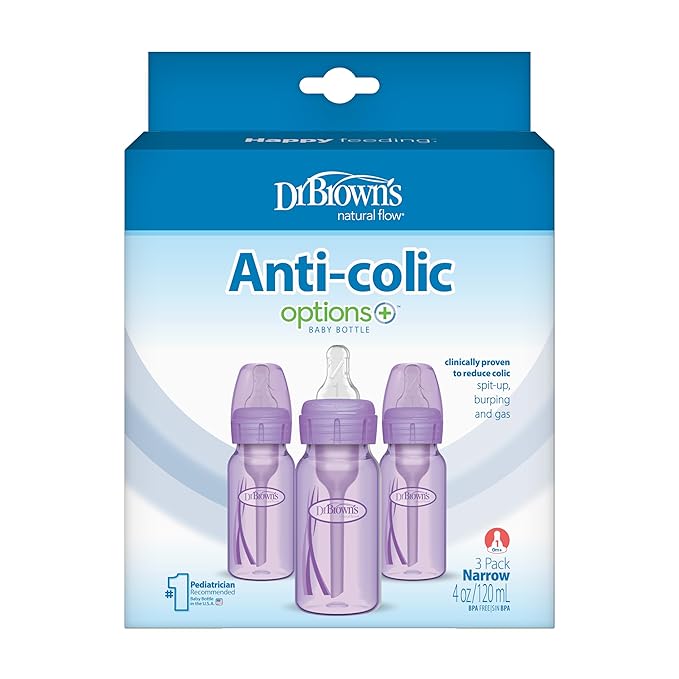 Dr. Brown’s Natural Flow® Anti-Colic Options+™ Narrow Baby Bottle, Lavender, 4oz/120mL, with Level 1 Slow Flow Nipple, 3-Pack