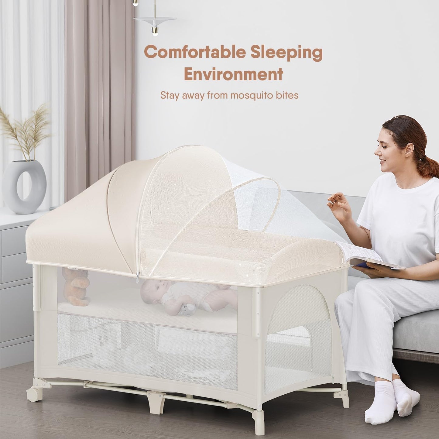 4 in 1 Baby Bassinet, Pack and Play, Bedside Crib Sleeper, Diaper Changer - Comes with Mattress, Mosquito Net，Bottom Storage and Toy Bar for Newborn to Toddles