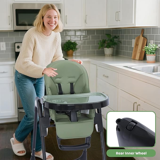 3 in 1 Foldable Baby High Chair, Infant High Chairs for Babies and Toddlers, 6 Height & 5 Recline Adjustable Toddler Feeding Chair, 2 Tray Depth & 3 Footrest Angles, 2 Built-in Wheels, Green