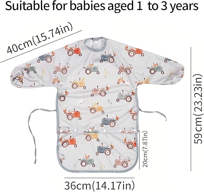 2-Pack Long Sleeve Baby Bib,Coverall Baby Bibs for Eating,Waterproof,Attaches to Highchair&Table,Ages 1 to 3 Years