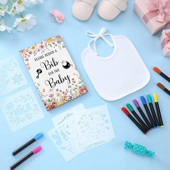 Newwiee 55 Pcs White Bibs for Baby Decorating Design a Bib Decorate Plain newborns Bibs Wooden Sign for Baby Shower Games Kit