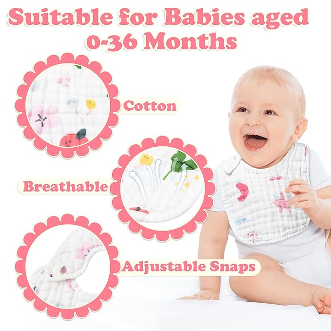 Zainpe 6Pcs Snap Muslin Cotton Baby Bibs Star Cat Rabbit Pattern Adjustable Feeding Bib Machine Washable Unisex Burp Cloths with 6 Absorbent & Soft Layers for Infant Toddler Newborn Eating Drooling
