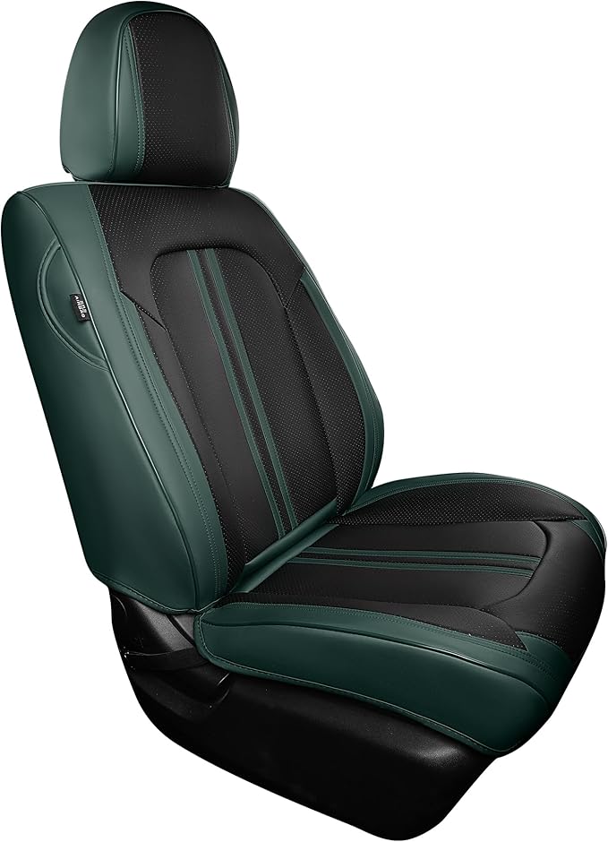 FREESOO Front Seats 2PCS Leather Car Seat Covers, Ultra Breathable Waterproof Seat Covers for Cars Trucks SUV, Carseat Protector Car Seat Cover Fit for Most Vehicles, Black Green