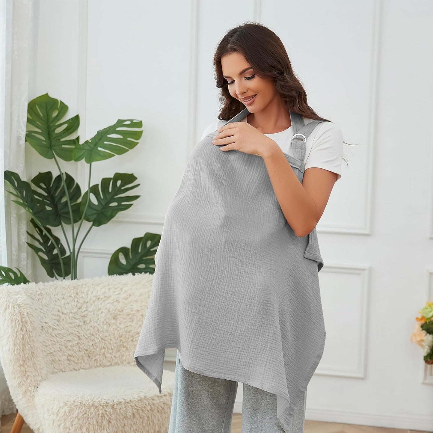 Nursing Cover for Baby Breastfeeding with Rigid Hoop, Breathable Soft 100% Muslin Cotton, Baby Breast Feeding & Pumping Apron (Grey)