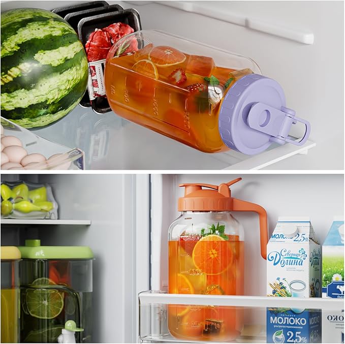 Glass Mason Jar Pitcher, 64 oz Wide Mouth Jug with Pour Spout Handle Lid for Cold Brew Coffee, Ice Beverage, Iced Juice, Lemonade, Sun Tea, Fruit Drinks Container（Orange）