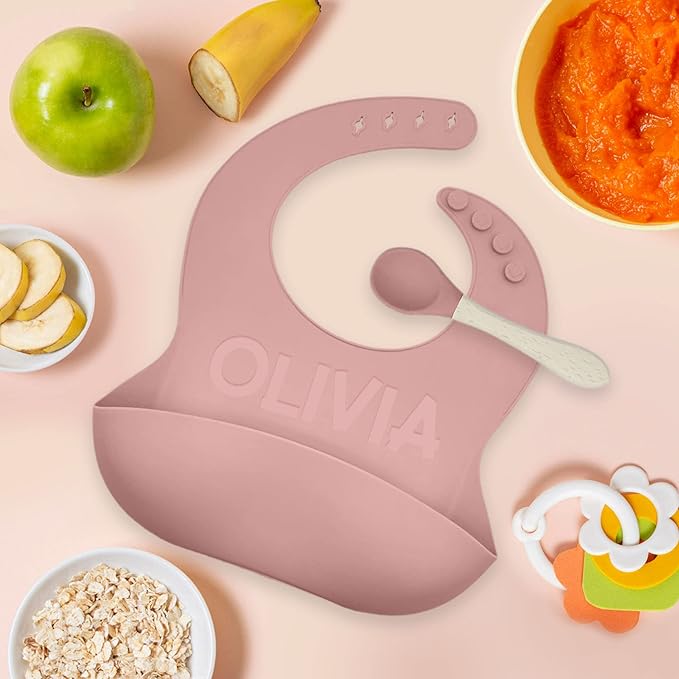 Personalized Silicone Bib and Spoon Set with Custom Name, Babies/Toddlers Durable Adjustable with Pocket for Baby Boy & Girl