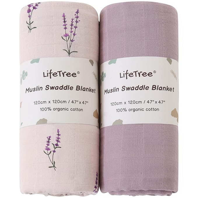 LifeTree Baby Swaddle Blankets Girls, Organic Muslin Swaddle Blankets Unisex Swaddling Wrap Receiving Blanket for Newborn, Organic Cotton, Large 47 x 47 inches, Lavender & Mauve